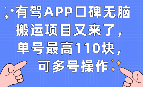 有驾APP口碑无脑搬运项目又来了,单号最高110块,可多号操作-无忧资源网