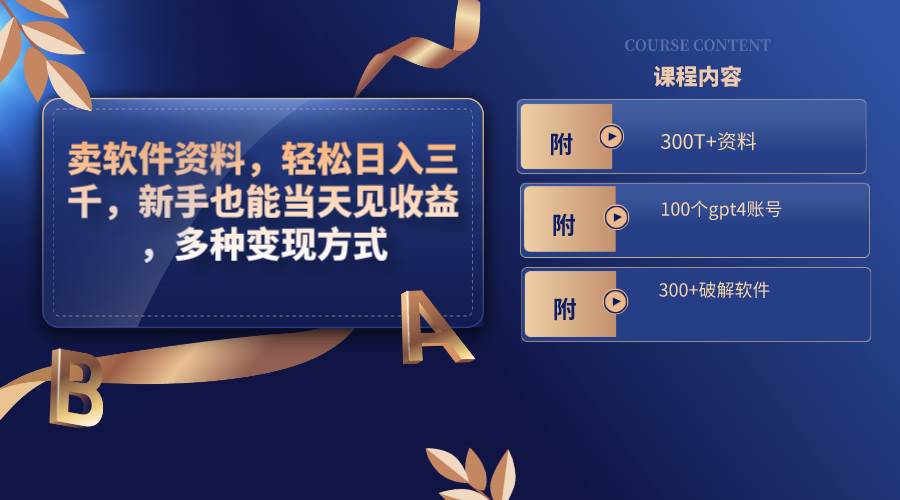 卖软件资料，轻松日入三千，新手也能当天见收益，多种变现方式，（附300T+资料，100个gpt4账号，300+破解软件）-无忧资源网