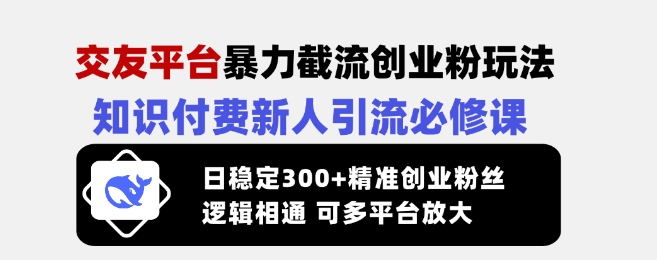 交友平台暴力截流创业粉玩法，知识付费新人引流必修课，日稳定300+精准创业粉丝，逻辑相通可多平台放大-无忧资源网